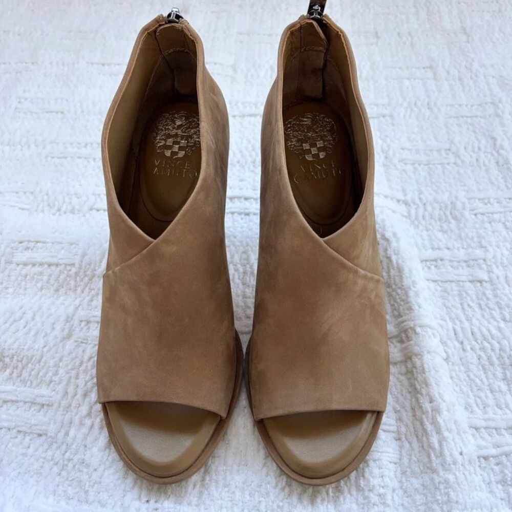 Vince Camuto Taupe Suede Peep Toe Heeled Ankle Booties Fall Winter - Picture 3 of 8